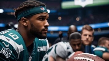 emerging stars in the NFL in a number 86 jersey focuses intently from the sidelines, holding a football, with teammates and stadium backdrop.