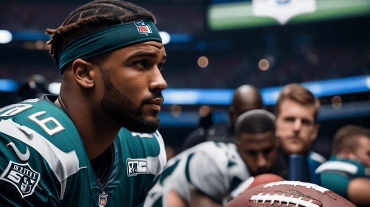 Emerging NFL star in a number 86 jersey focuses intently from the sidelines, holding a football, with teammates and stadium backdrop.