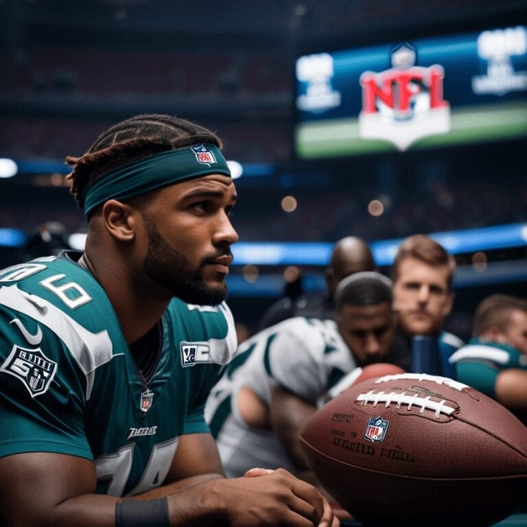 emerging stars in the NFL in a number 86 jersey focuses intently from the sidelines, holding a football, with teammates and stadium backdrop.