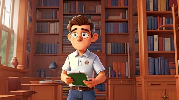 A cartoon image of a young man standing in a wood-paneled library, holding a book on Sports Fans and Intelligence, with shelves filled with books, a desk, and a clock showing the time.