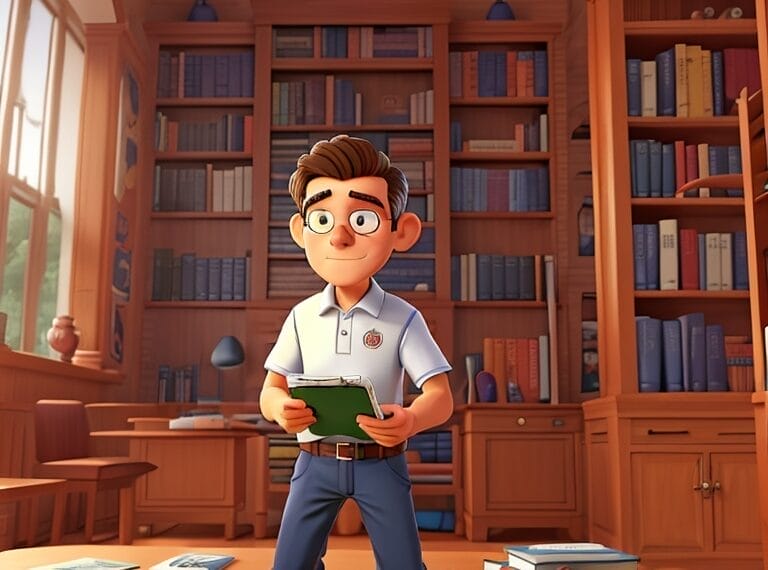 A cartoon image of a young man standing in a wood-paneled library, holding a book on Sports Fans and Intelligence, with shelves filled with books, a desk, and a clock showing the time.