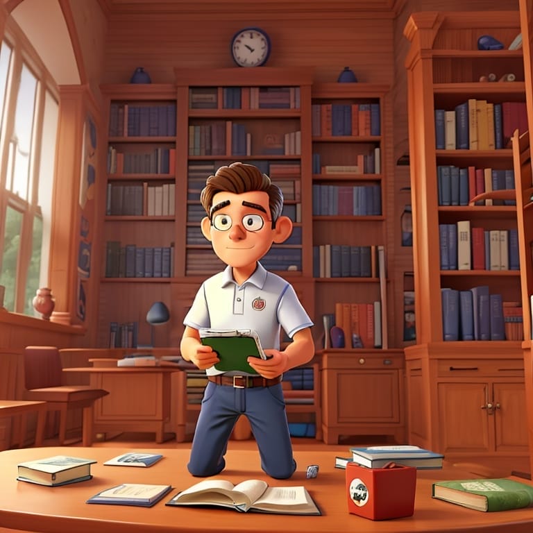 A cartoon image of a young man standing in a wood-paneled library, holding a book on Sports Fans and Intelligence, with shelves filled with books, a desk, and a clock showing the time.