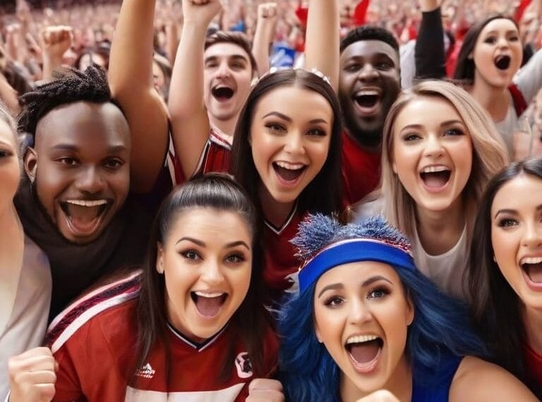 A group of enthusiastic sports fans cheering at a sports event.