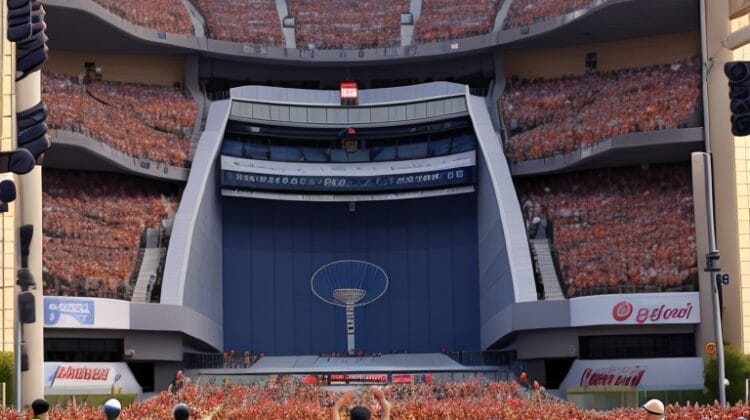 Crowd of Ultimate Sports fans gathered outside a stadium for a sporting event.