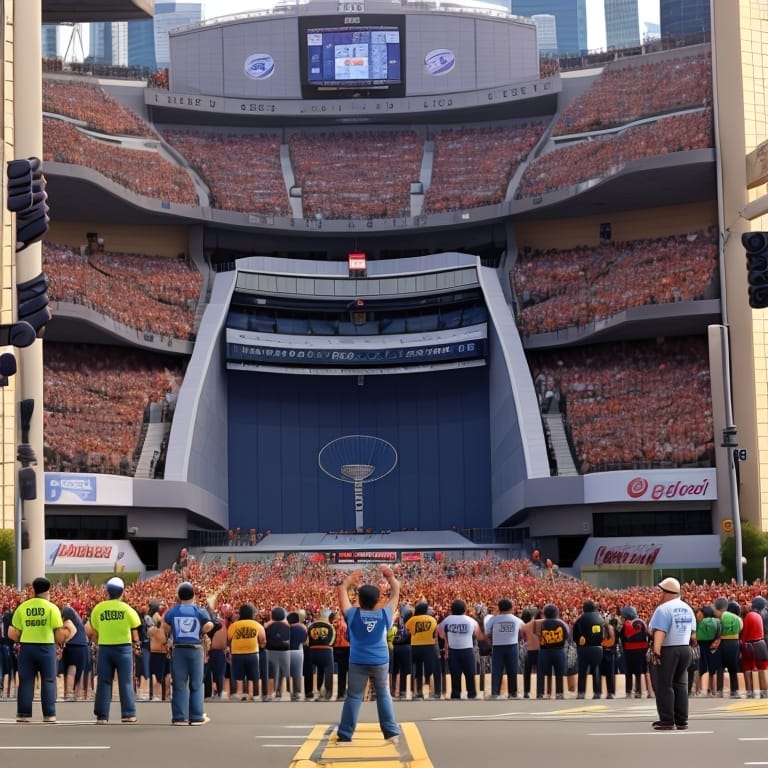 Crowd of Ultimate Sports fans gathered outside a stadium for a sporting event.