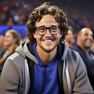 A young man with curly hair and glasses smiling at a sports event, wearing a blue shirt and grey jacket.