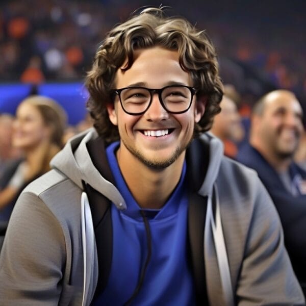 A young man with curly hair and glasses smiling at a sports event, wearing a blue shirt and grey jacket.