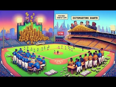 Illustration of a baseball field divided into two sections. One half shows a large, wealthy MLB team with many resources, labeled "Outsmarting Giants," while the other half depicts a smaller, resourceful team. Facts matter in showcasing the challenges and triumphs of both sides.