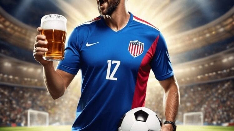 A man in a blue soccer jersey with the number 12 holds a soccer ball in one hand and a glass of beer in the other, standing in a stadium with bright lights and a cheering crowd, embodying the spirit of US soccer as fans look to guide to the MLS for exciting moments like these.