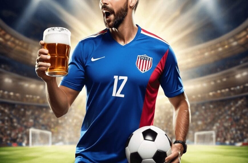 A man in a blue soccer jersey with the number 12 holds a soccer ball in one hand and a glass of beer in the other, standing in a stadium with bright lights and a cheering crowd, embodying the spirit of US soccer as fans look to guide to the MLS for exciting moments like these.