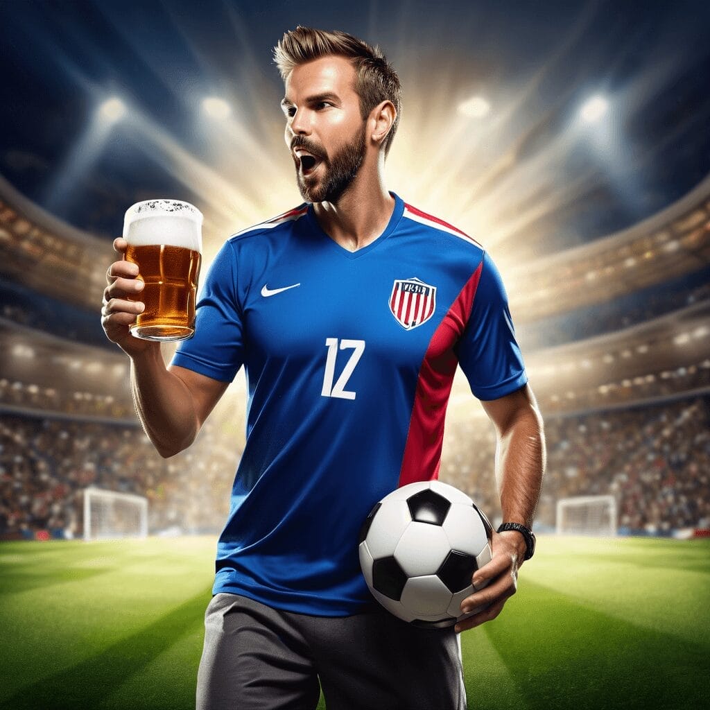 A man in a blue soccer jersey with the number 12 holds a soccer ball in one hand and a glass of beer in the other, standing in a stadium with bright lights and a cheering crowd, embodying the spirit of US soccer as fans look to guide to the MLS for exciting moments like these.