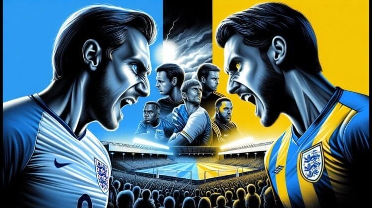 Two rival football teams face off in a stadium, each team represented by a player in heated confrontation, echoing the intensity of European football leagues. The background features their teammates and a large crowd.