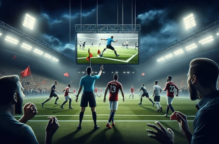 Soccer players on the field await a referee's decision as spectators react. A large screen above shows a replay of the action, highlighting the VAR in football. Stadium lights illuminate the scene.