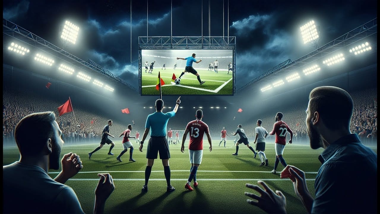 Soccer players on the field await a referee's decision as spectators react. A large screen above shows a replay of the action, highlighting the VAR in football. Stadium lights illuminate the scene.