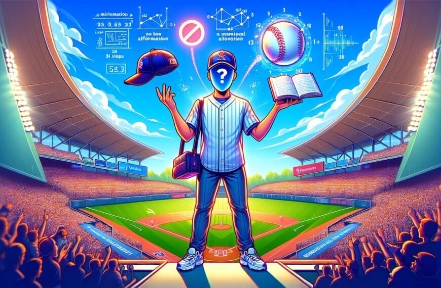 A person stands on a stadium podium, holding a book and a baseball, with various sports-related mathematical equations and symbols displayed above them. The stadium is full of spectators, highlighting the importance of staying updated in MLB to avoid misinformation in baseball.