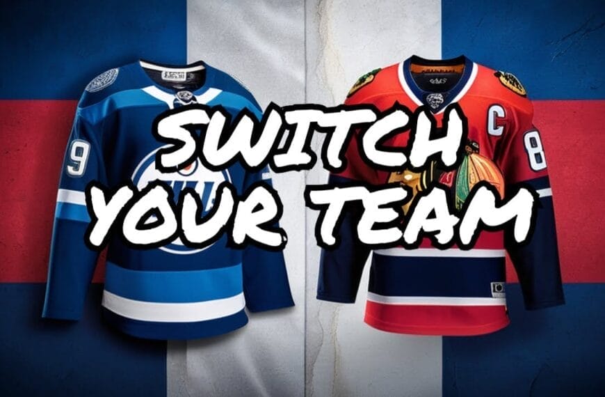 Two hockey jerseys on display with the text "SWITCH YOUR TEAM" overlaid. On the left is a blue jersey, and on the right is a red and black jersey. Discover your new favorite with our NHL FANDOM team makeover guide.