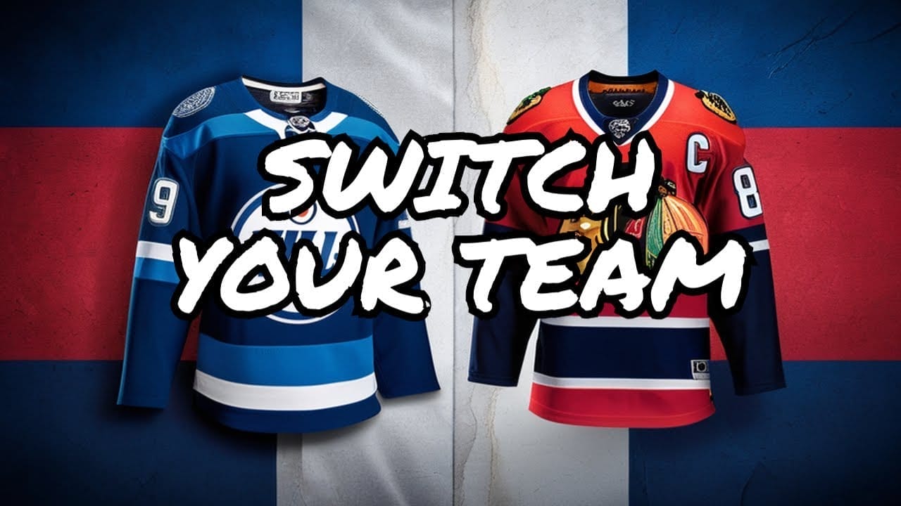 Two hockey jerseys on display with the text "SWITCH YOUR TEAM" overlaid. On the left is a blue jersey, and on the right is a red and black jersey. Discover your new favorite with our NHL FANDOM team makeover guide.