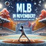 A baseball player prepares to bat in a snow-covered stadium with the text "MLB Baseball in November? Extending the baseball season is the most outrageous idea ever!" shown above.