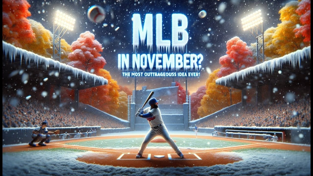 A baseball player prepares to bat in a snow-covered stadium with the text "MLB Baseball in November? Extending the baseball season is the most outrageous idea ever!" shown above.