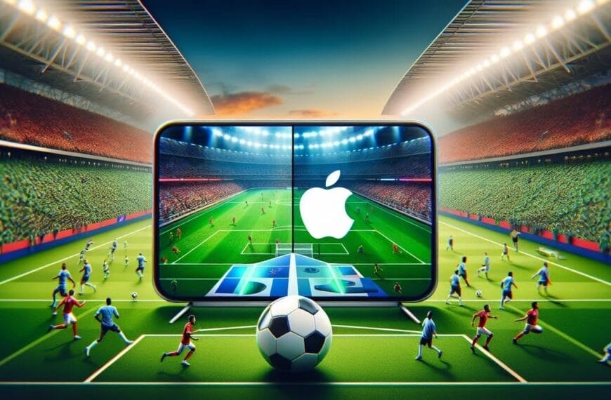 A large smartphone displaying the Apple logo is placed on a soccer field, reminiscent of an MLS game day. The stadium is filled with spectators, and Major League Soccer players are in action on the field.