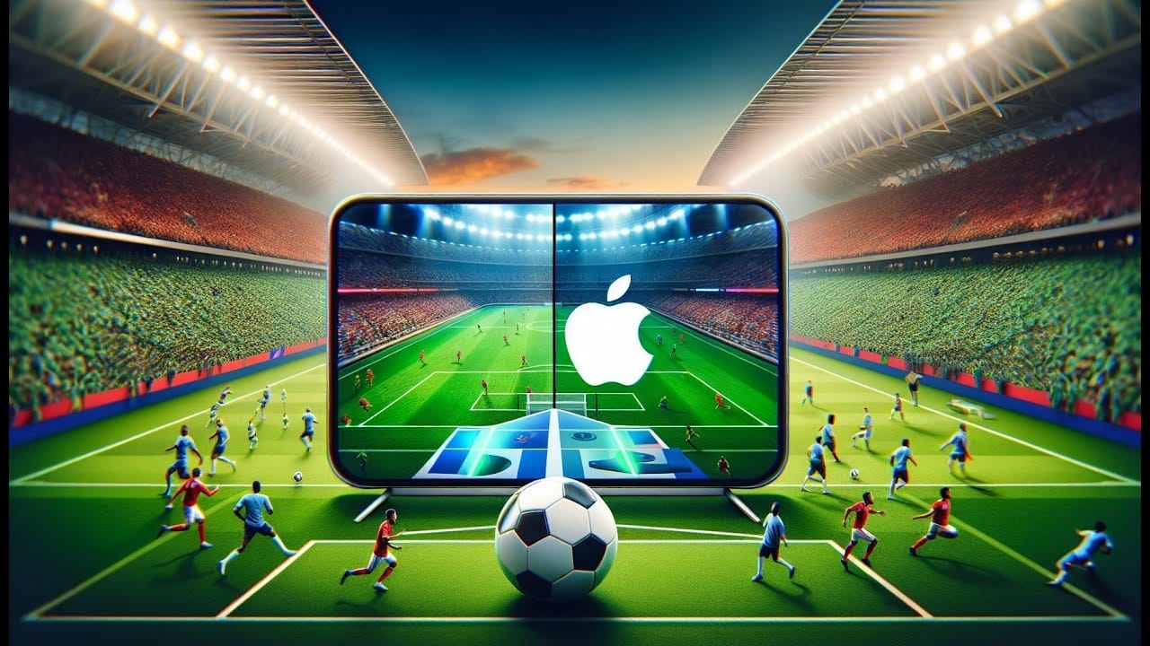 A large smartphone displaying the Apple logo is placed on a soccer field, reminiscent of an MLS game day. The stadium is filled with spectators, and Major League Soccer players are in action on the field.