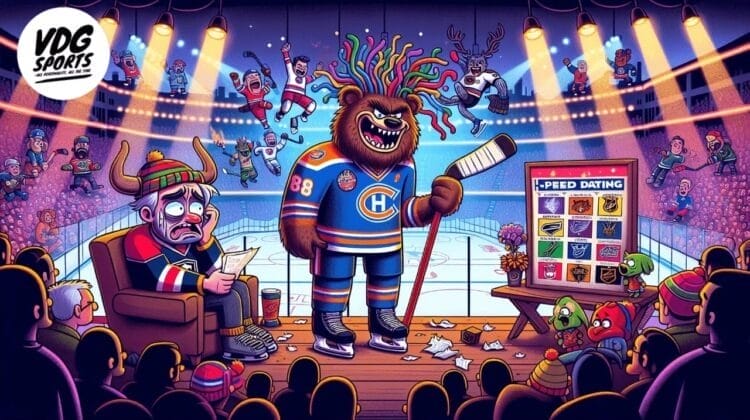 A cartoon drawing of a bear wearing a hockey uniform and holding a stick, standing on a stage. A nervous commentator with a Viking helmet sits nearby, perhaps consulting his NHL fandom guide. An audience and a scoreboard with team logos are visible in the background.
