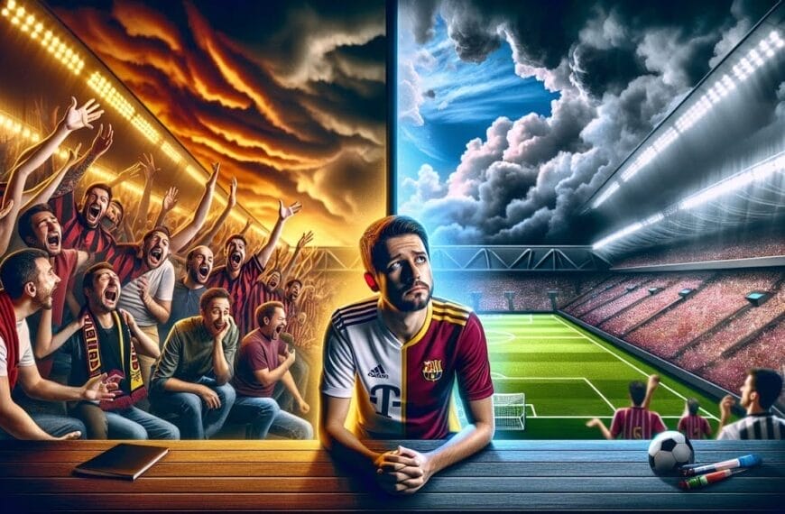 A man wearing a soccer jersey sits alone at a desk, pondering the significance of choosing a favorite football team. To his left, another version of him celebrates with a crowd in a brightly lit stadium. To his right is an empty stadium with cloudy skies.