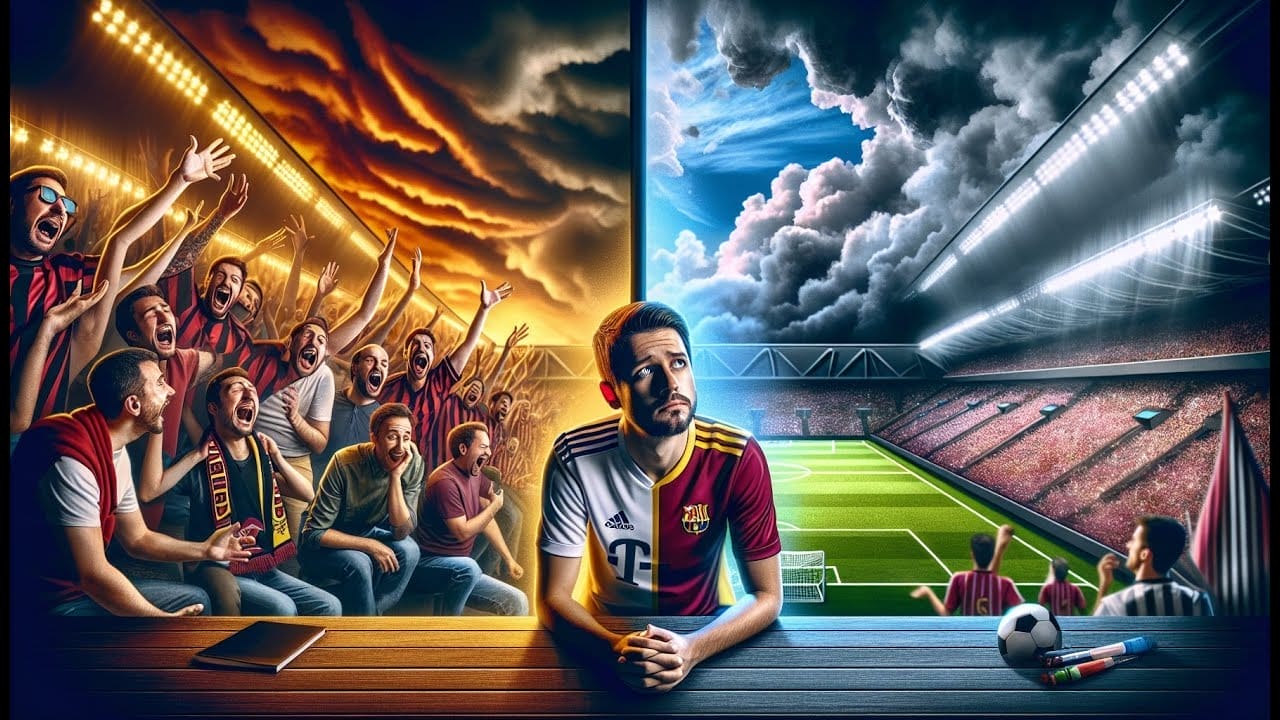 A man wearing a soccer jersey sits alone at a desk, pondering the significance of choosing a favorite football team. To his left, another version of him celebrates with a crowd in a brightly lit stadium. To his right is an empty stadium with cloudy skies.