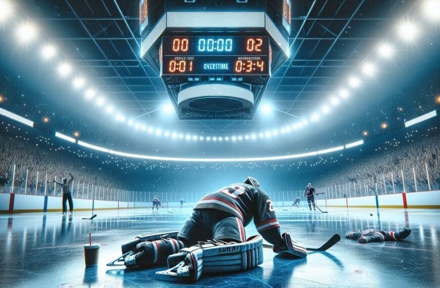 A hockey player kneels on the ice in disappointment after an NHL game while others are seen in the background under a blue-lit scoreboard showing a final score of 2-0 during overtime in the NHL