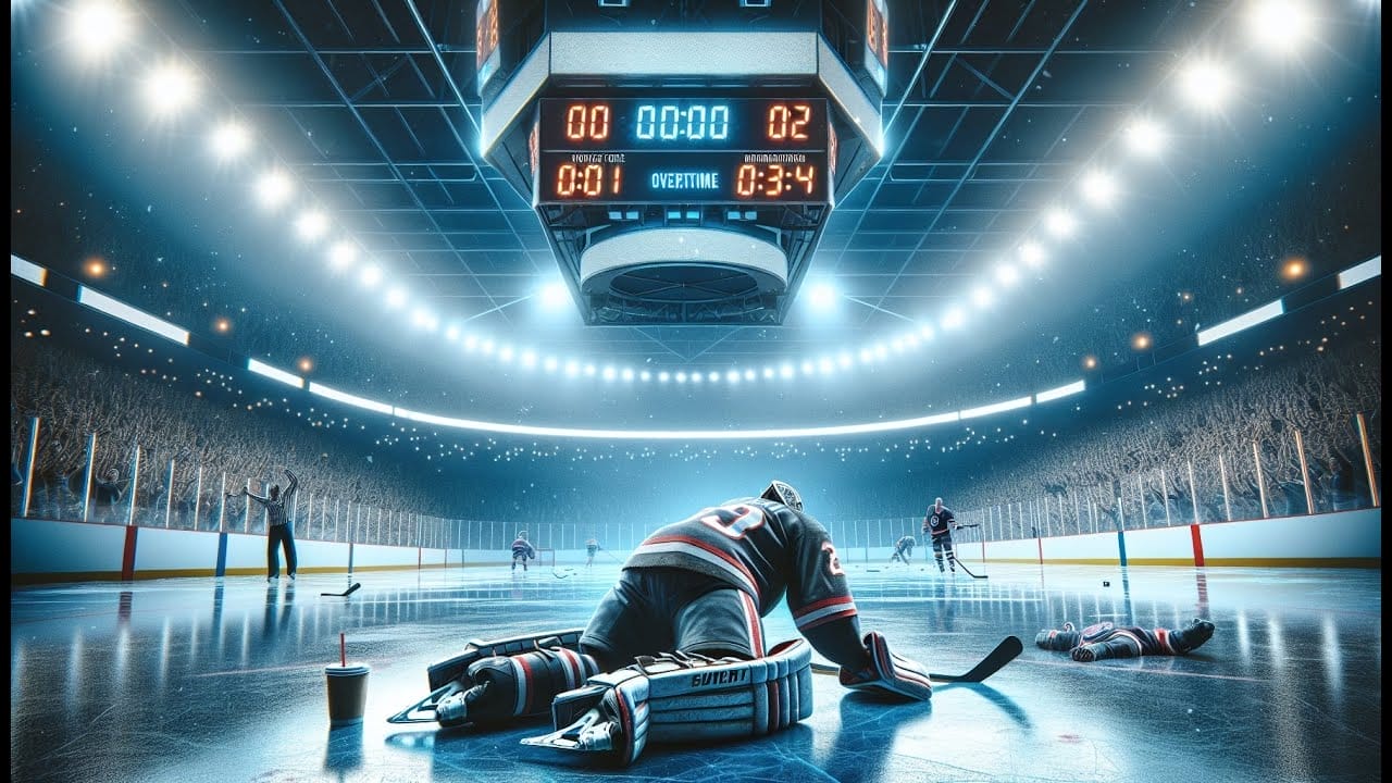 A hockey player kneels on the ice in disappointment after an NHL game while others are seen in the background under a blue-lit scoreboard showing a final score of 2-0 during overtime in the NHL