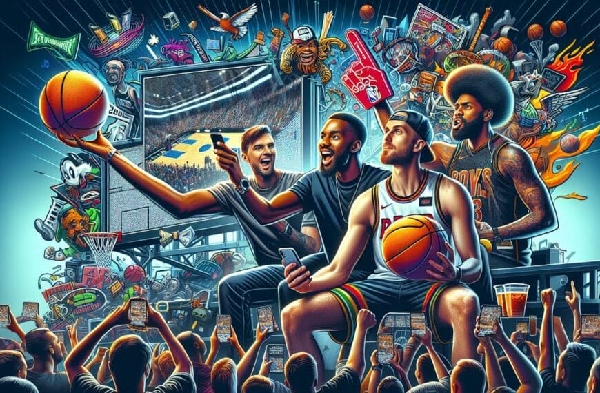 Four NBA fanatics enthusiastically watch a basketball game on a large screen, surrounded by basketball-themed drawings and objects. The vibrant scene includes various basketball memorabilia and digital devices.