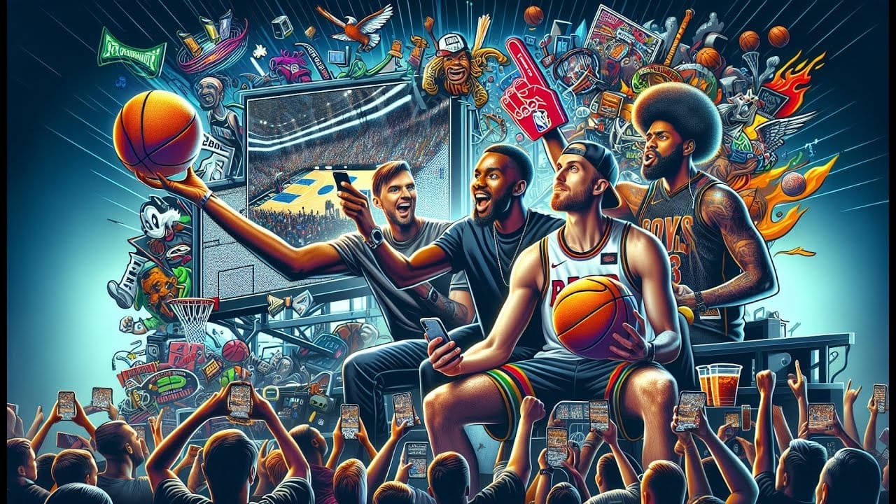 Four NBA fanatics enthusiastically watch a basketball game on a large screen, surrounded by basketball-themed drawings and objects. The vibrant scene includes various basketball memorabilia and digital devices.