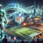 A futuristic football stadium with an NFL logo, a large holographic player, a crowded audience, and numerous international flags highlights the league's international expansion.