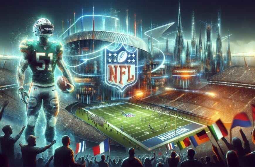 A futuristic football stadium with an NFL logo, a large holographic player, a crowded audience, and numerous international flags highlights the league's international expansion.