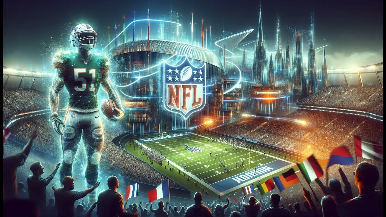 A futuristic football stadium with an NFL logo, a large holographic player, a crowded audience, and numerous international flags highlights the league's international expansion.