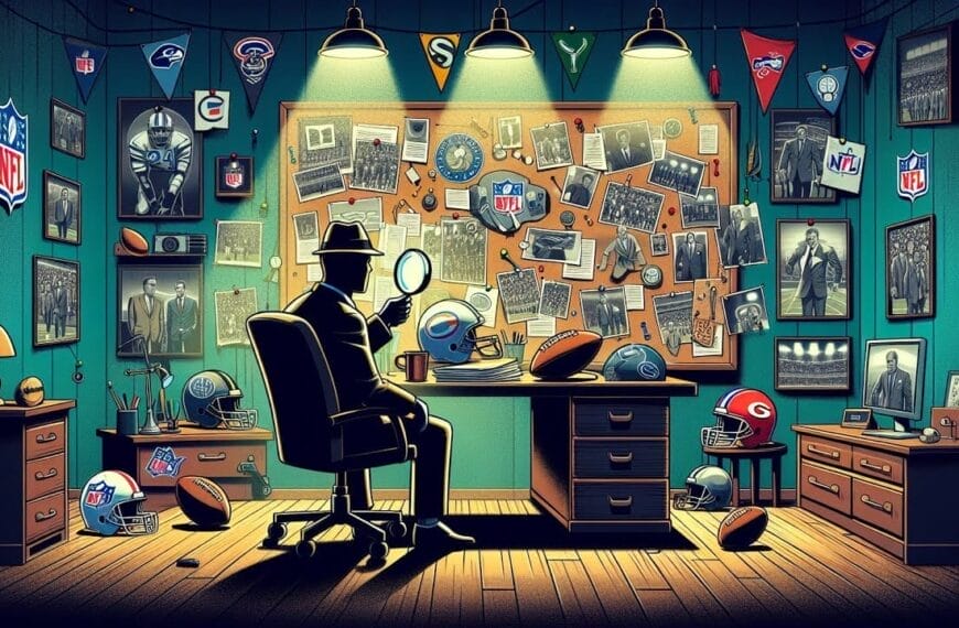 A silhouette of a person sitting at a desk in a room decorated with various NFL mysteries memorabilia and pennants.