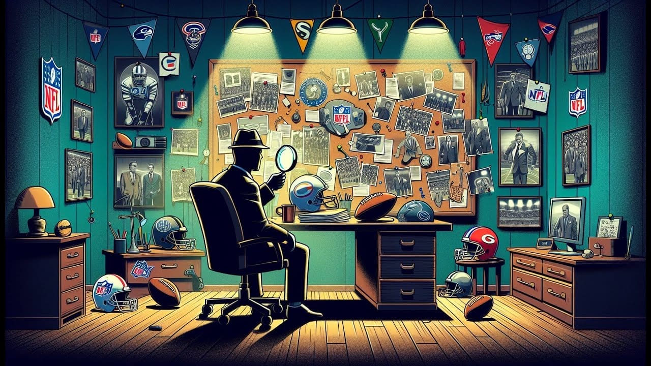 A silhouette of a person sitting at a desk in a room decorated with various NFL mysteries memorabilia and pennants.