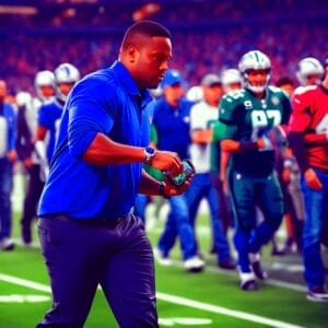 An NFL hater in a blue shirt walks on a football field during a game, holding an object. Other people, including players in football gear and officials, are present in the background. Interestingly, he seems to be an NFL hater amid the enthusiastic crowd.