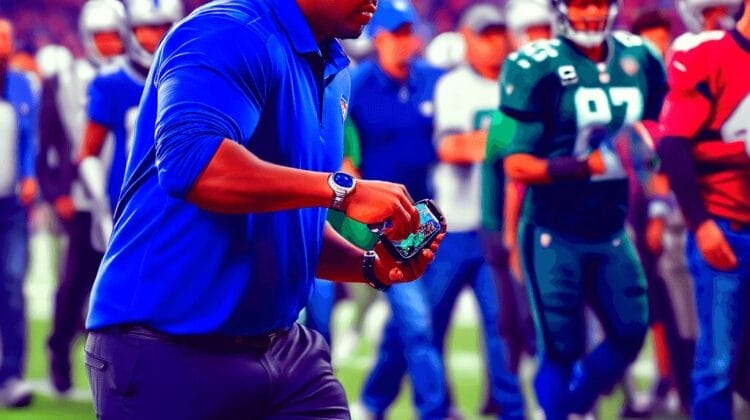 An NFL hater in a blue shirt walks on a football field during a game, holding an object. Other people, including players in football gear and officials, are present in the background. Interestingly, he seems to be an NFL hater amid the enthusiastic crowd.