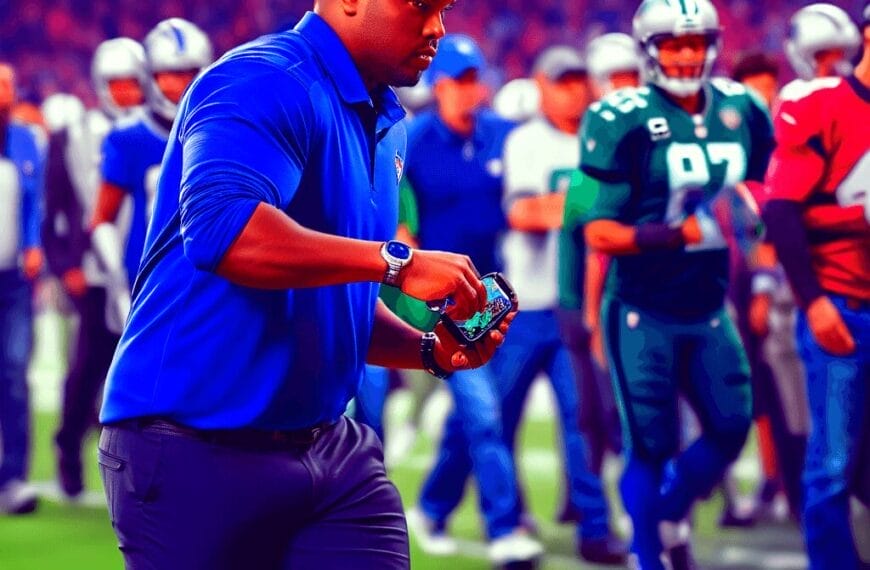 An NFL hater in a blue shirt walks on a football field during a game, holding an object. Other people, including players in football gear and officials, are present in the background. Interestingly, he seems to be an NFL hater amid the enthusiastic crowd.