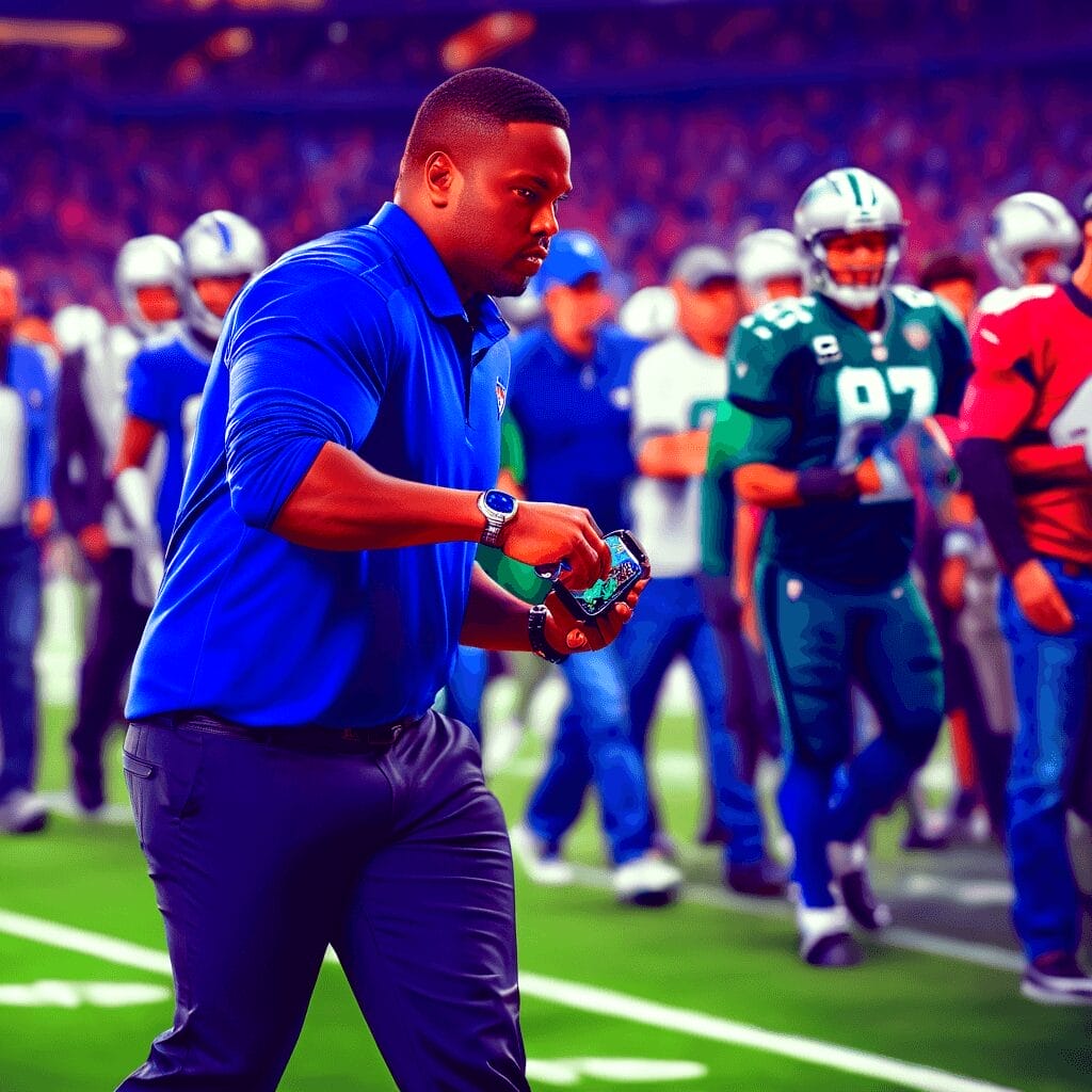 An NFL hater in a blue shirt walks on a football field during a game, holding an object. Other people, including players in football gear and officials, are present in the background. Interestingly, he seems to be an NFL hater amid the enthusiastic crowd.