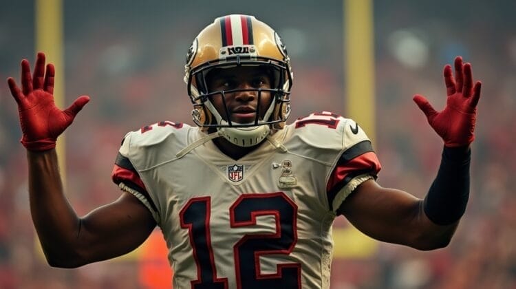 A football player in a tan-and-red San Francisco 49ers uniform, number 12, stands on the field with both hands raised, palms forward. He wears a helmet and red gloves. The background shows blurred fans and goalposts—perhaps even an NFL hater among them.