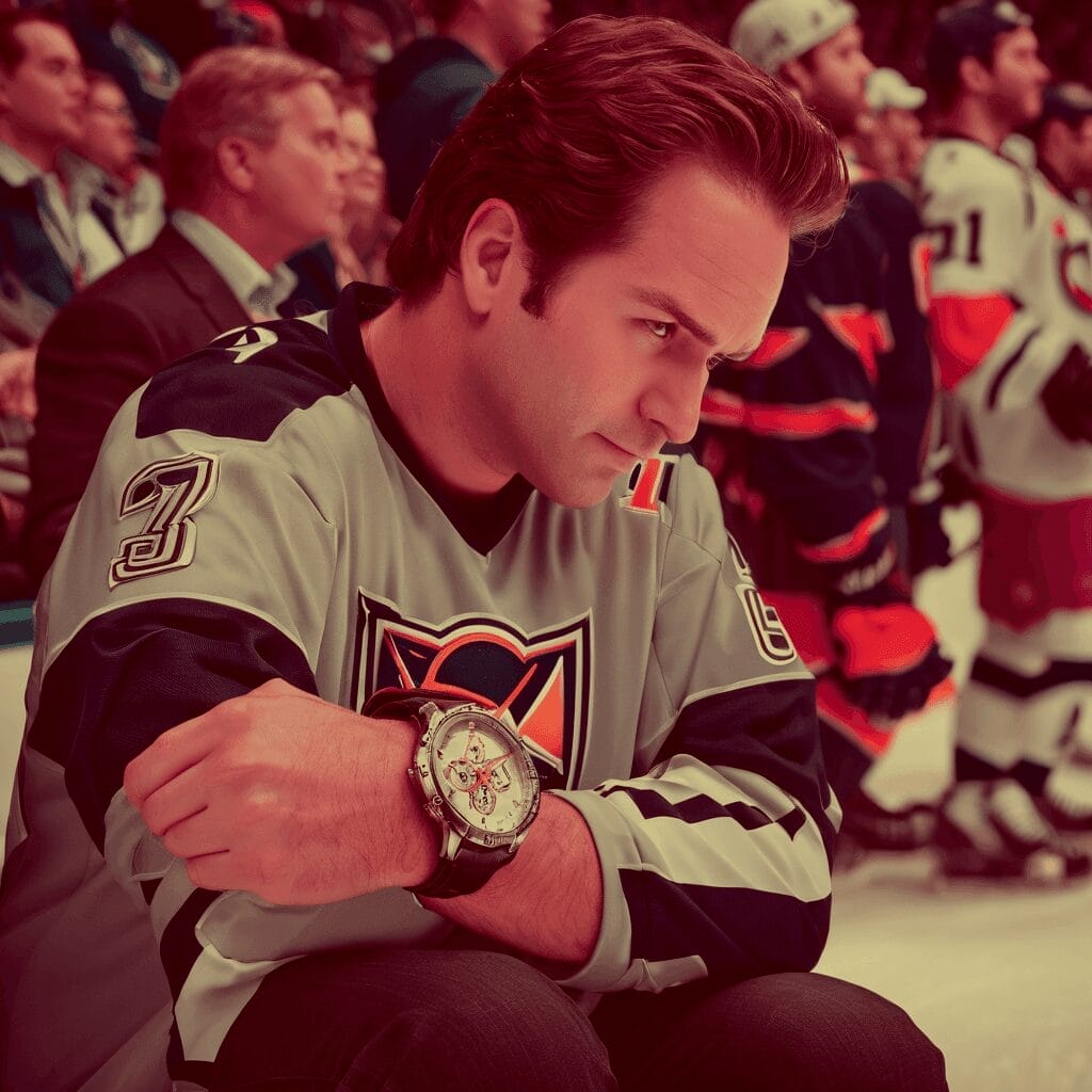 A man in a hockey jersey sits on a bench, resting his arms on his knees, with a serious expression. Players and spectators are visible in the background.