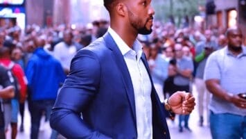 An NBA basketball fan in a blue suit walks through a crowded city street, with tall buildings and many pedestrians in the background.