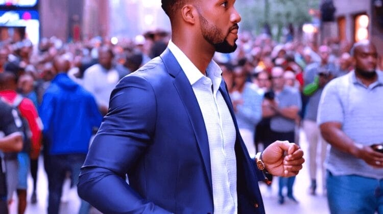 A man in a blue suit walks through a crowded city street, with tall buildings and many pedestrians in the background.