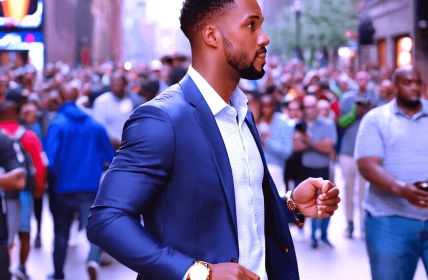 An NBA basketball fan in a blue suit walks through a crowded city street, with tall buildings and many pedestrians in the background.