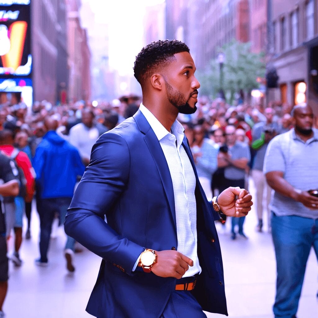 An NBA basketball fan in a blue suit walks through a crowded city street, with tall buildings and many pedestrians in the background.