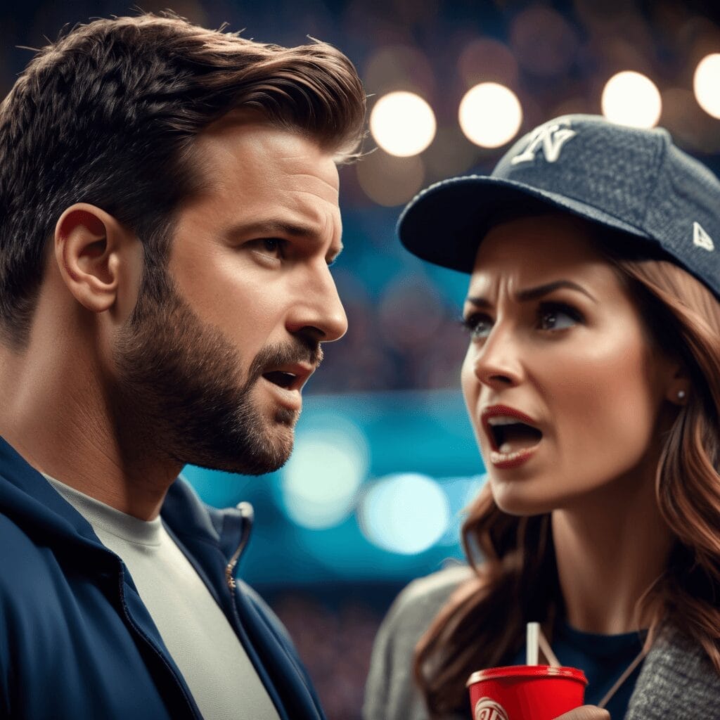 A man and a woman appear shocked or excited at a sports event, with the woman holding a red cup, embodying bandwagon sports fandom.