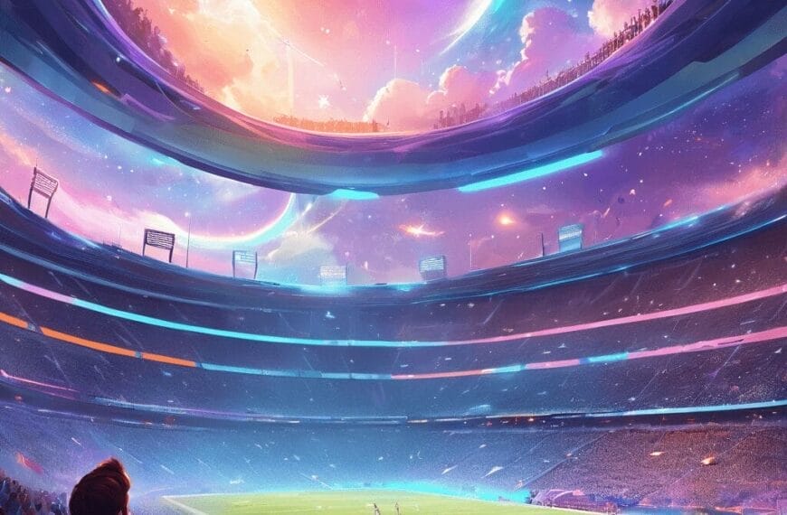 A futuristic stadium filled with sports fandom, watching a game, with a large, vibrant alien planet visible in the sky above.