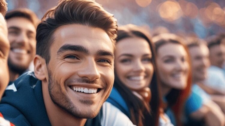 A group of young adults smiling and enjoying their favorite sports teams at a sports fandom event in a crowded stadium.